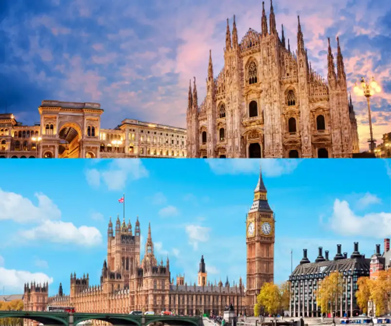 An image showing two cities: Milan Italy and London UK