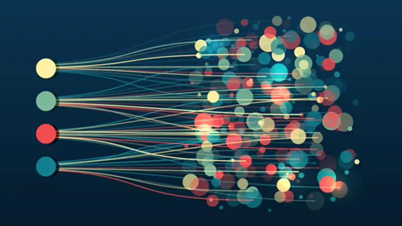 Four multi-coloured dots broken into multiple dots