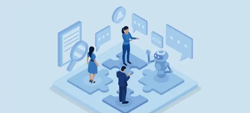 Illustration of three people standing on puzzle pieces talking to a robot