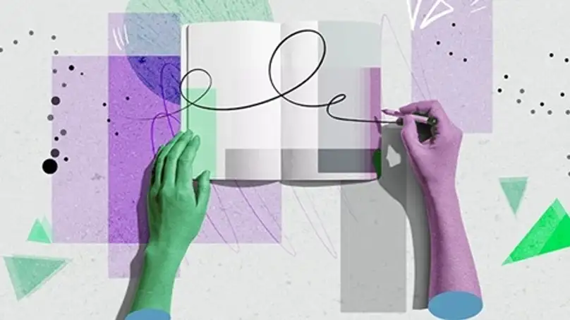 An illustration of hands writing in a notebook