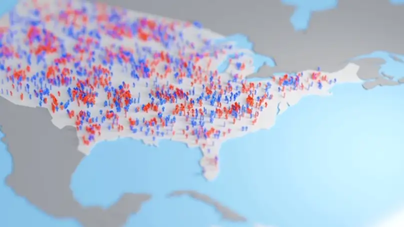 A the eastern section of the US map covered in small illustrations of people in red and blue
