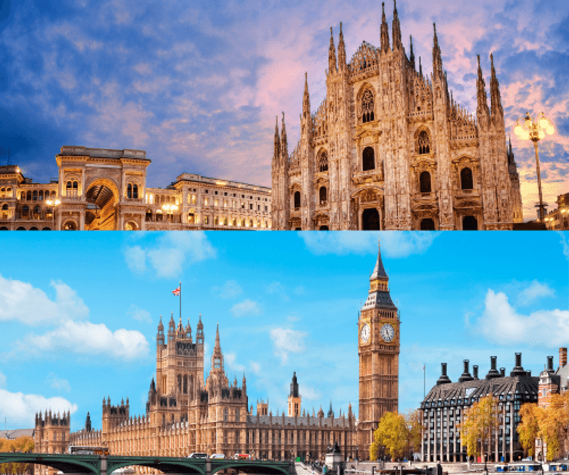 An image showing two cities: Milan Italy and London UK